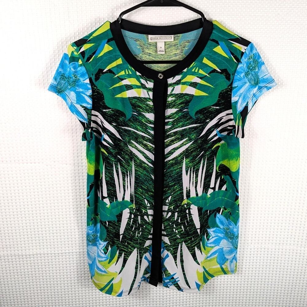 Dana Buchman Women’s Small Top Tropical Leaf Print Short Sleeve Stretch Blouse